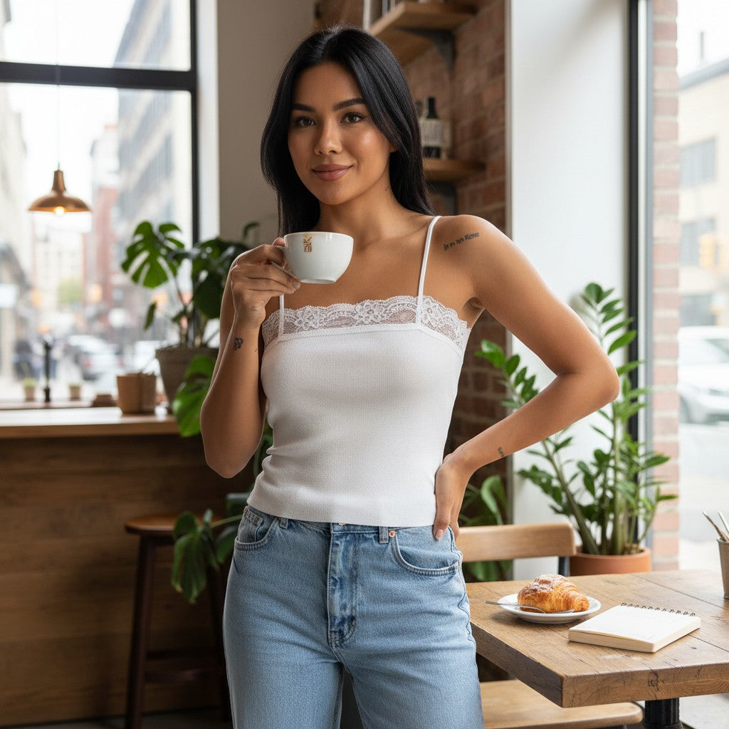 Woman wearing a white lace strap top, holding a cup in a cozy cafe setting