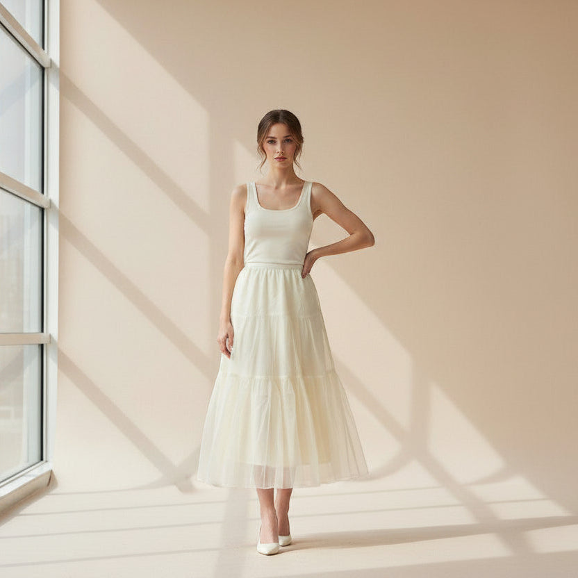 Woman in a white long skirt standing in a softly lit room with sunlight streaming through a window