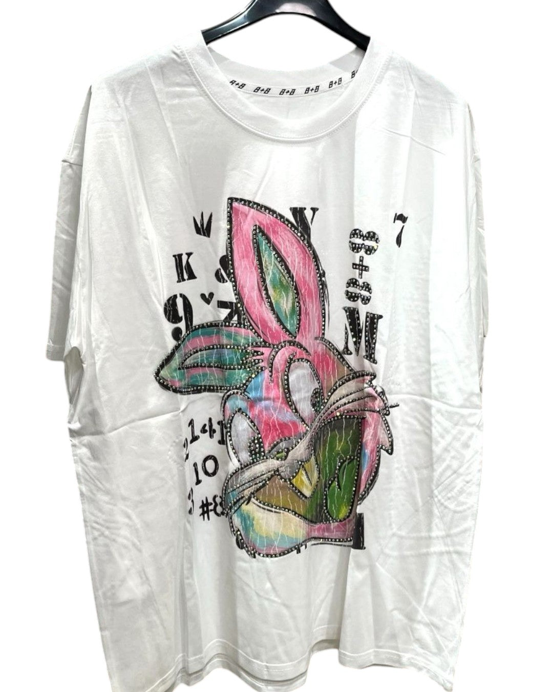 White oversized tshirt with a colorful Bugs Bunny print in the center