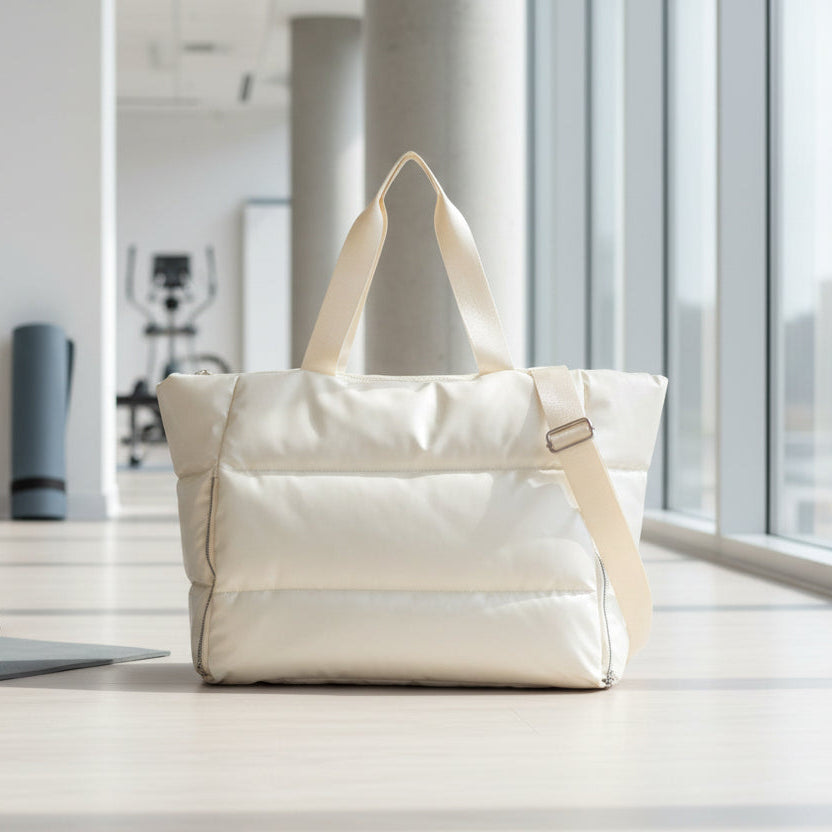 Quilted white puffer tote bag with top handles, roomy everyday bag