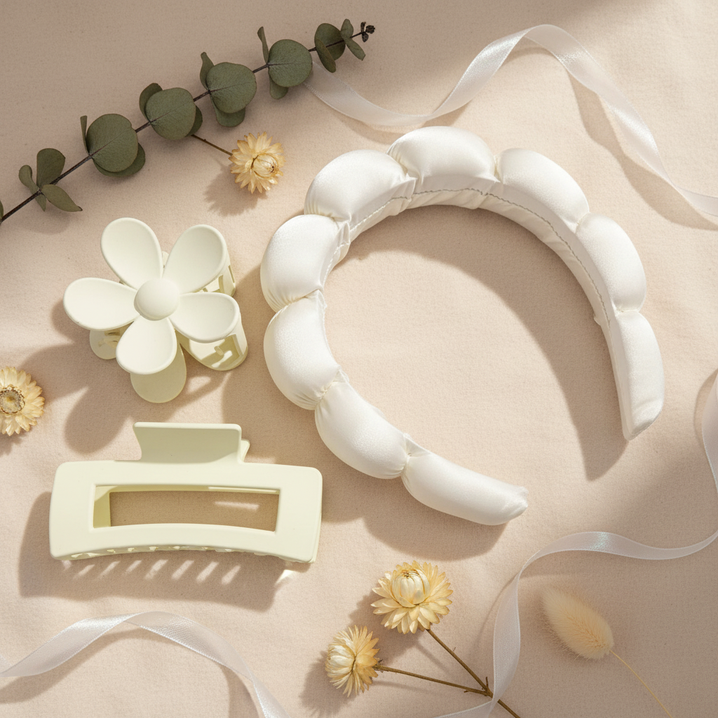 White spa headband with daisy and rectangular claw clips