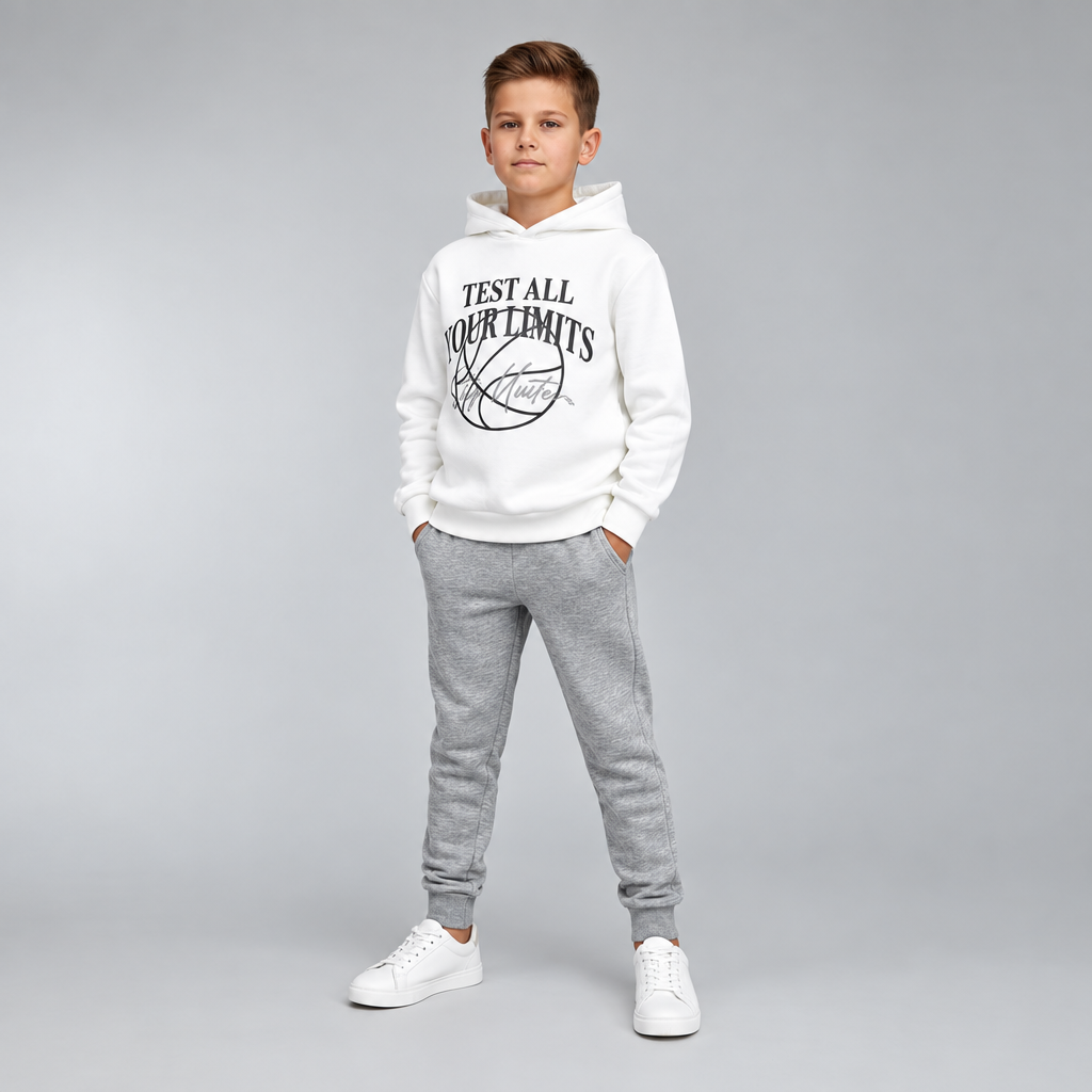 White hooded sweatshirt and grey jogger set shown flat on a grey background