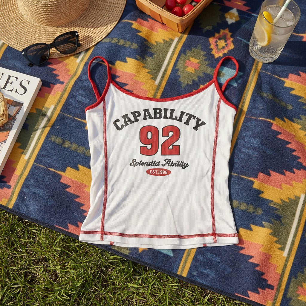White tank top with red text on a colorful patterned blanket outdoors