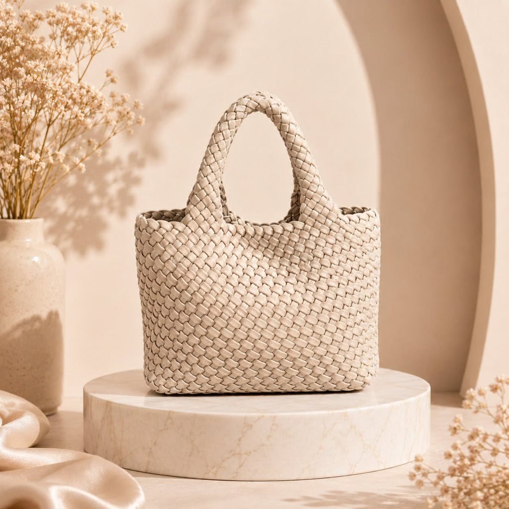 white Woven handbag on a round platform with a vase and dried flowers in the background, price tag '20$' displayed.