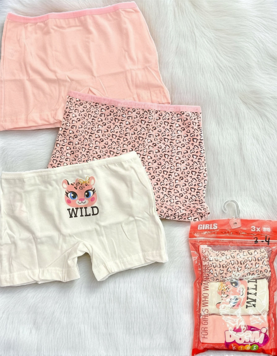 Pack of 3 girls cotton boyshorts in peach, cream and leopard print