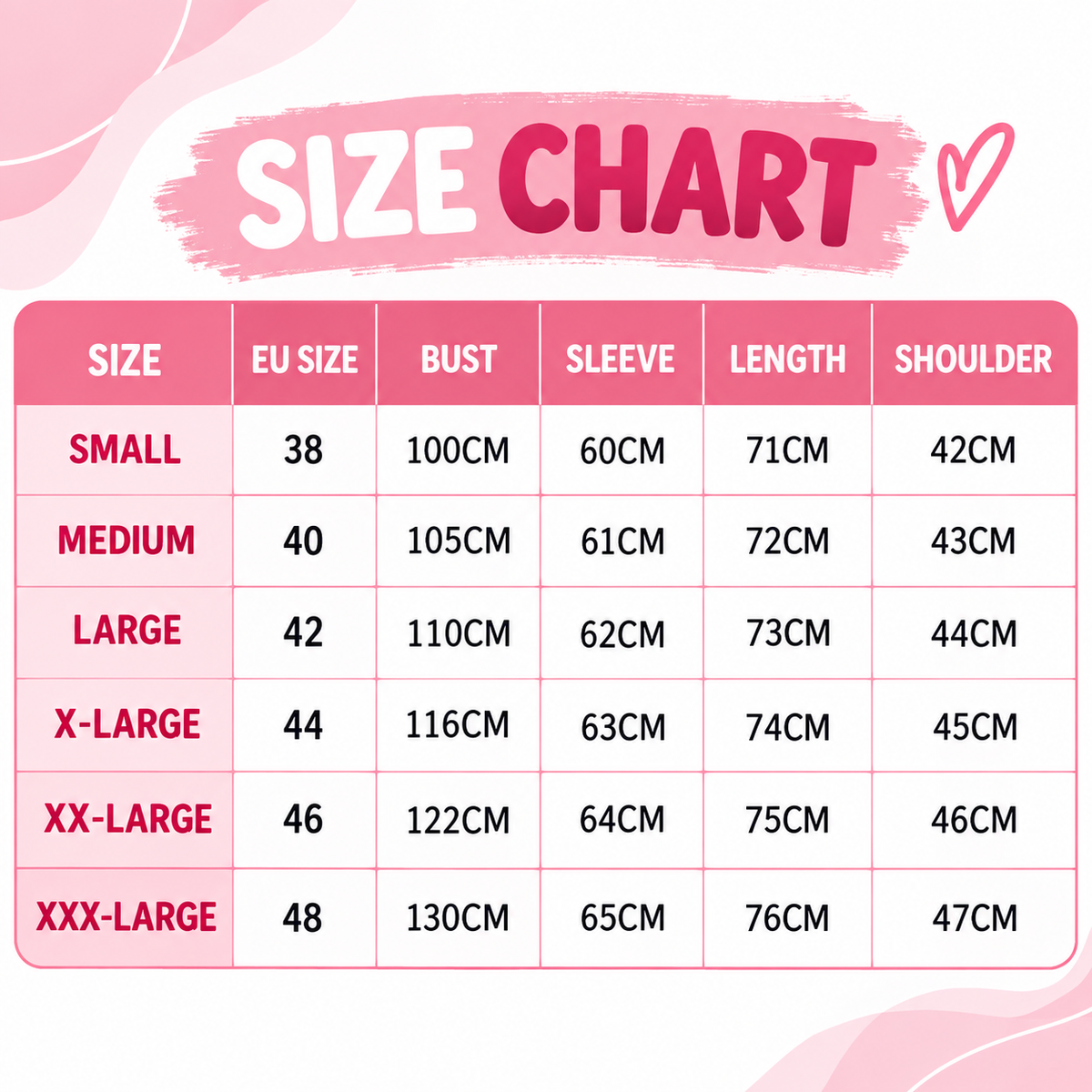Blazer size chart with bust, sleeve, length and shoulder measurements from small to XXX large