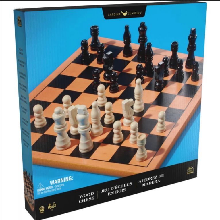 Blue retail box for the wooden chess set showing the board and pieces on the front