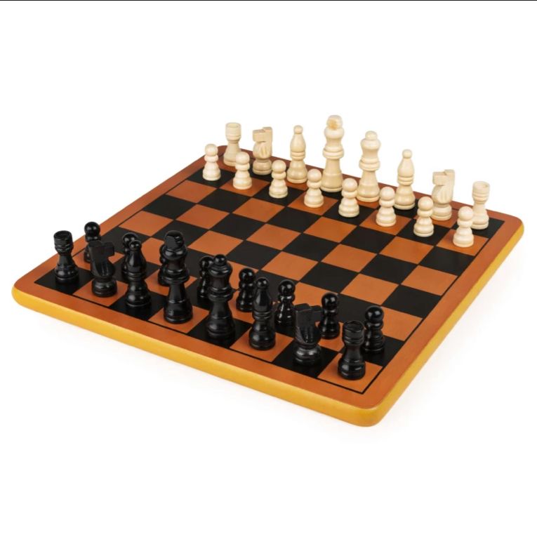 Solid wooden chess board in orange and black with a yellow rim and all pieces set up