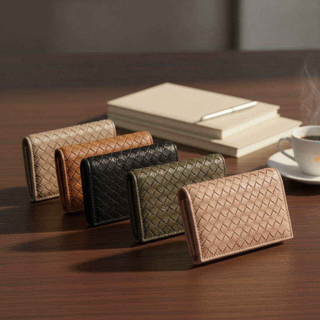 Set of woven leather wallets in various colors on a wooden surface with a notebook and coffee cup in the background.