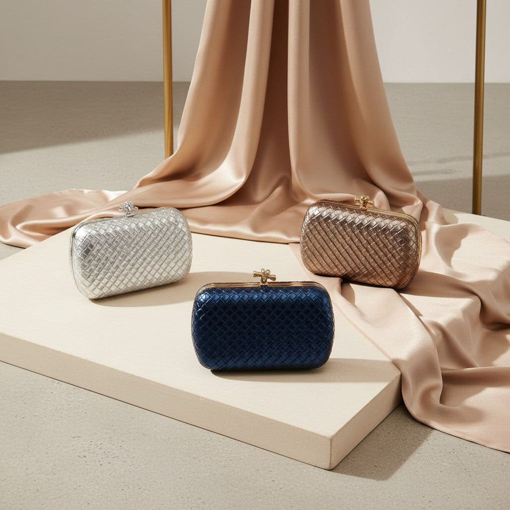 Woven metallic evening clutches in silver, rose gold and black – Jack Gifts Online Lebanon