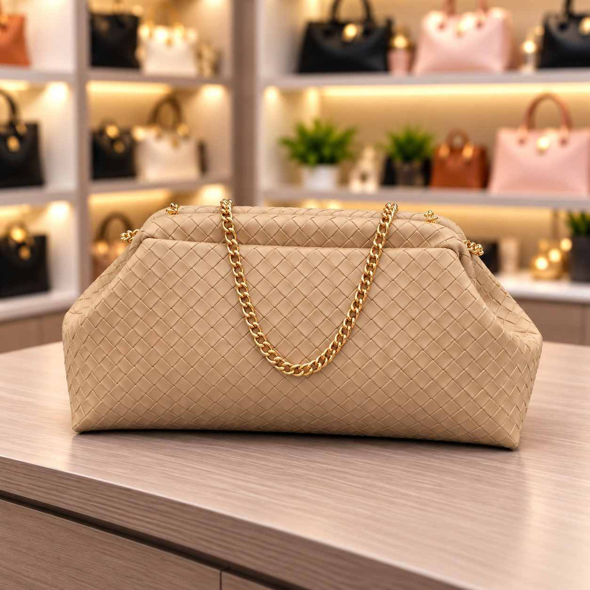 Beige woven pouch clutch with a gold curb chain strap and a soft rounded top