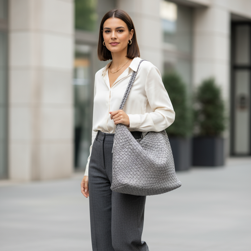 Grey woven shoulder bag carried out and about, lifestyle shot