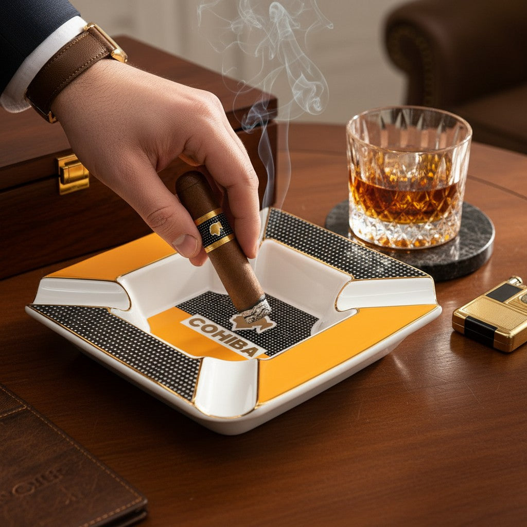 Cigar being tapped into the yellow carbon ashtray, whiskey tumbler in the background