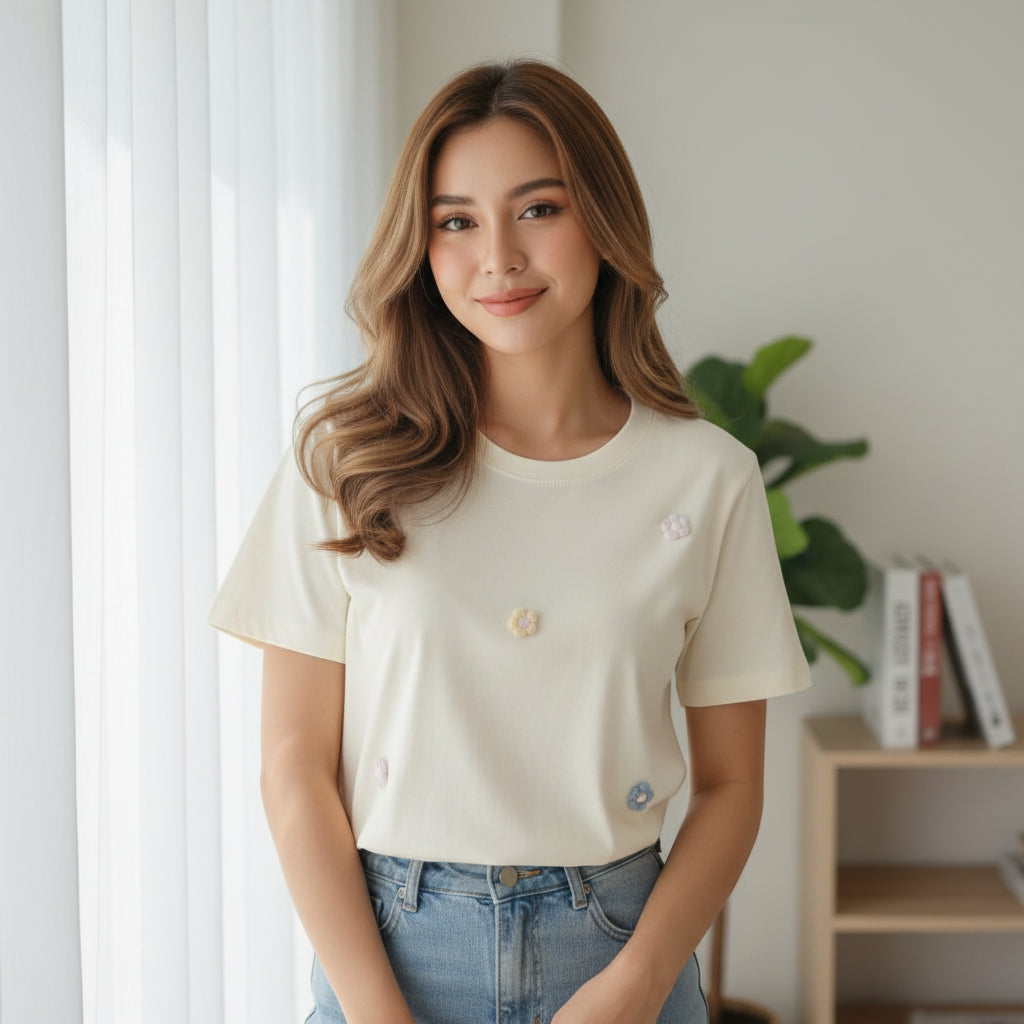 Woman wearing a yellow tshirt with flowers on it in a living room setting
