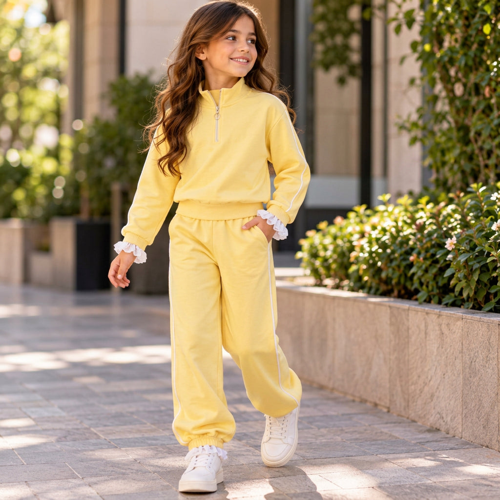 Girl walking in a yellow half zip jogging set with white piping, ruffle cuffs and white sneakers