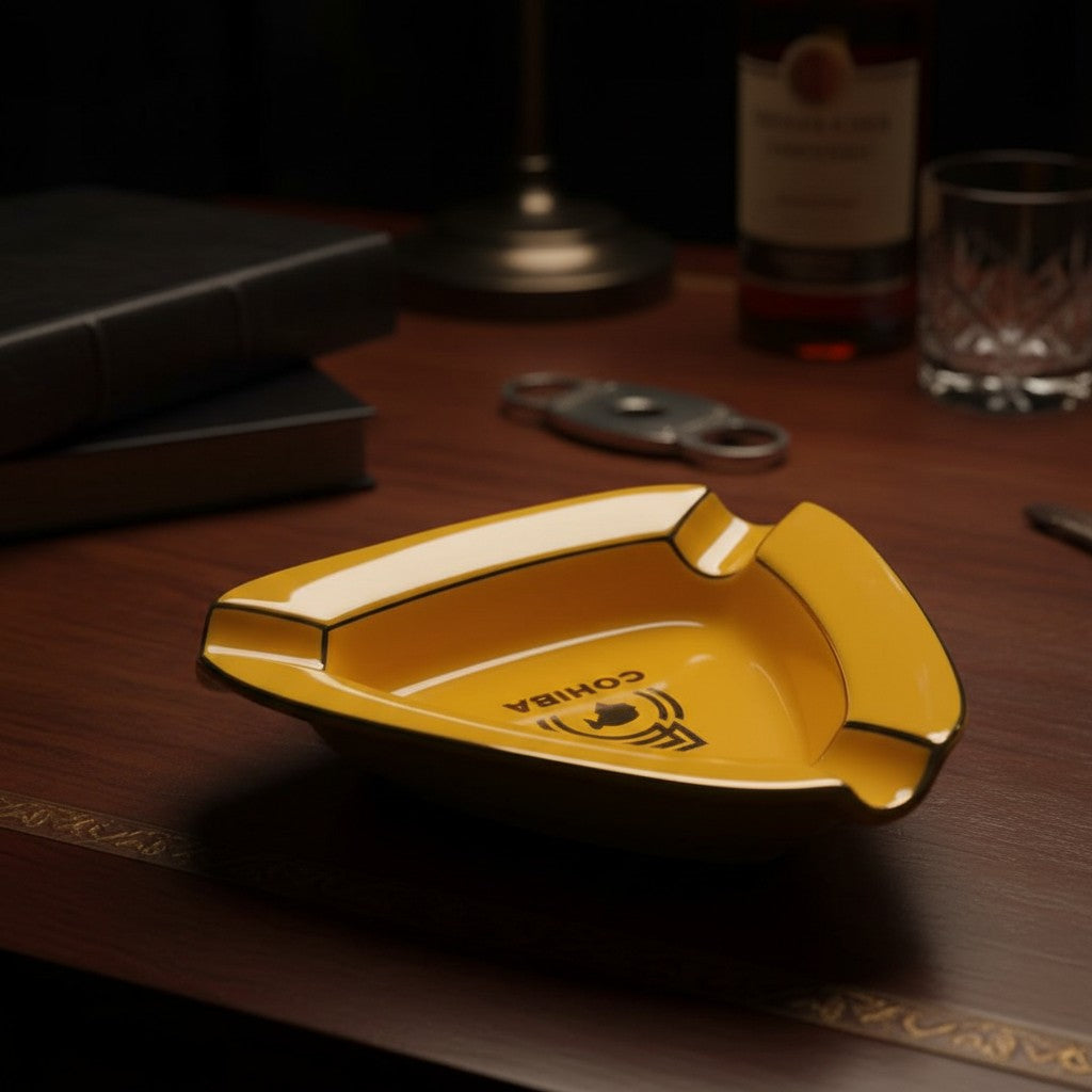 Low angle view of the triangular yellow ashtray showing its shallow open bowl