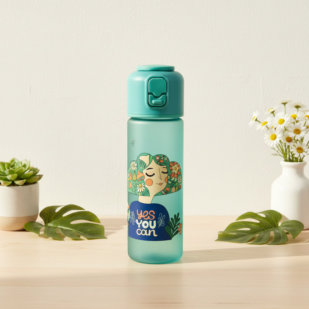 Teal water bottle with a flower haired girl above a navy blue Yes You Can slogan panel