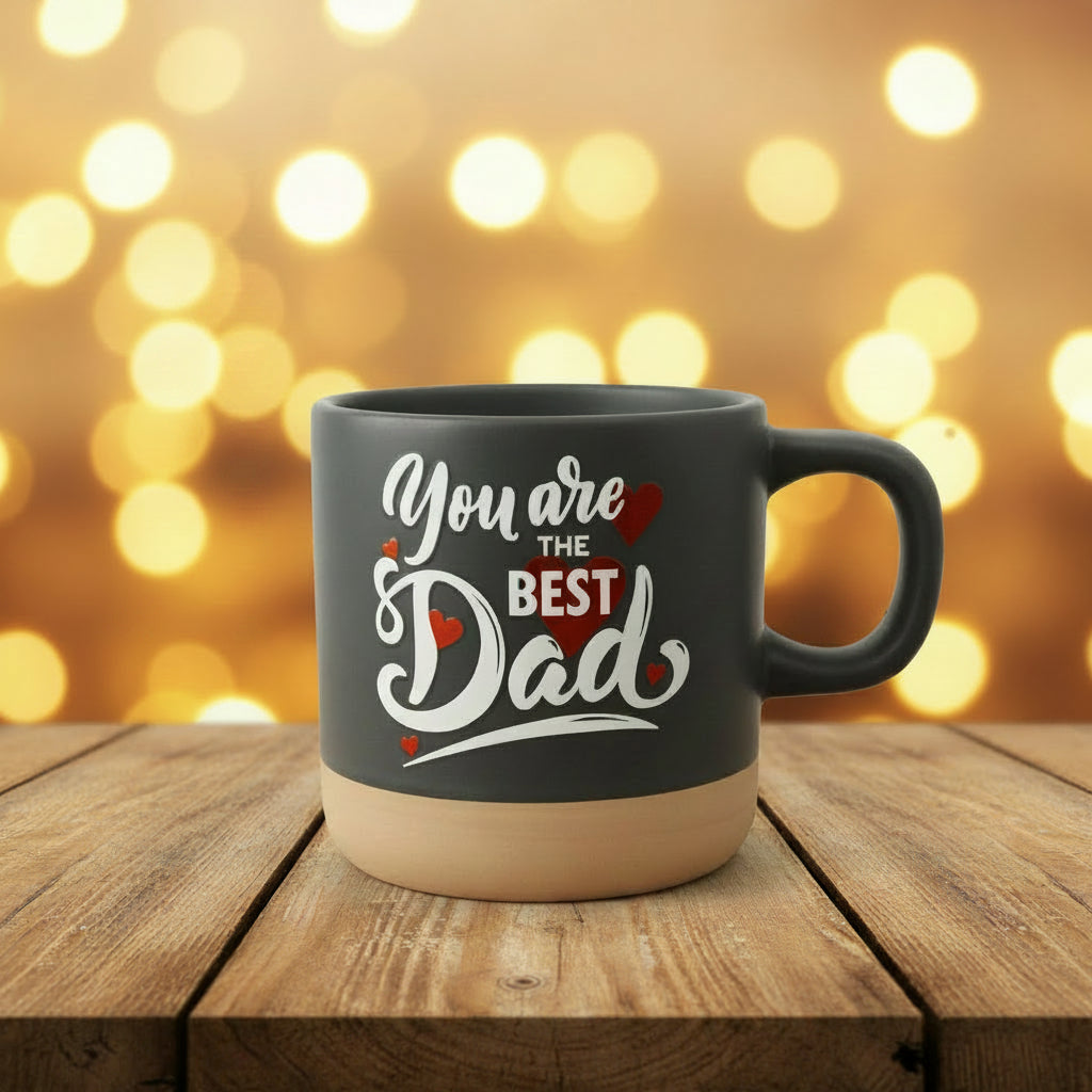 Black mug with 'You are the Best Dad' text on a wooden surface
