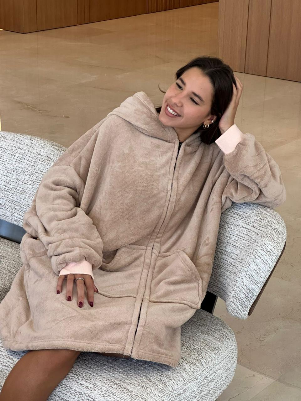 Beige hooded blanket w zipper