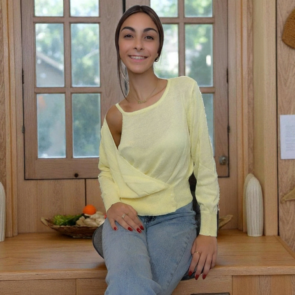 Yellow Cut-Out Shoulder Knit Top