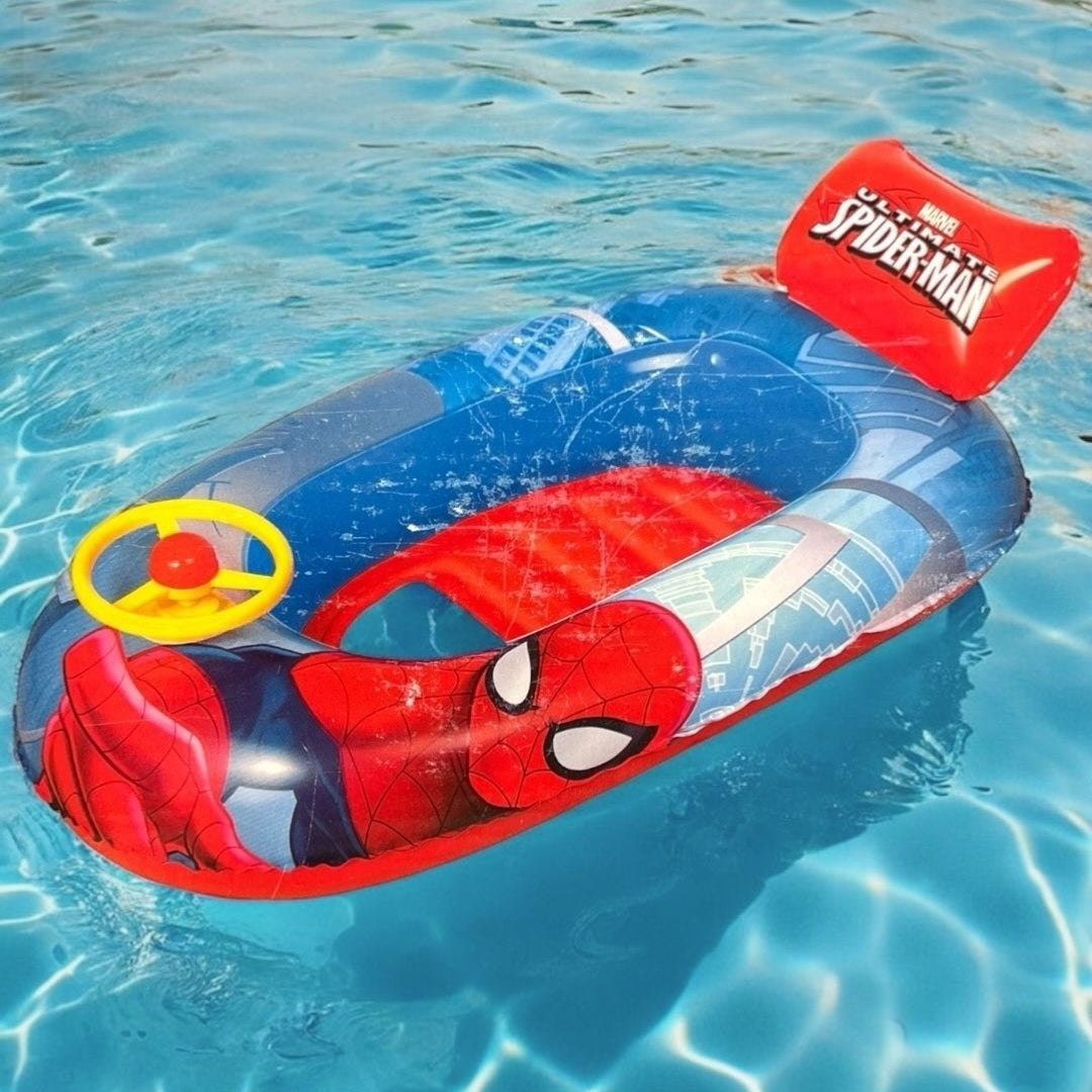 Spider-Man inflatable pool float in clear blue water