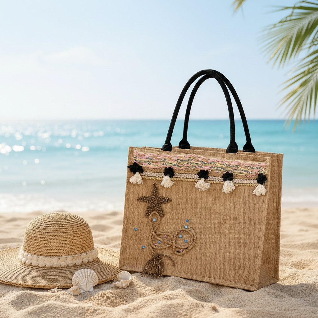 Handmade jute beach bag with black tassels and jute rope starfish accent, Jack Gifts Lebanon