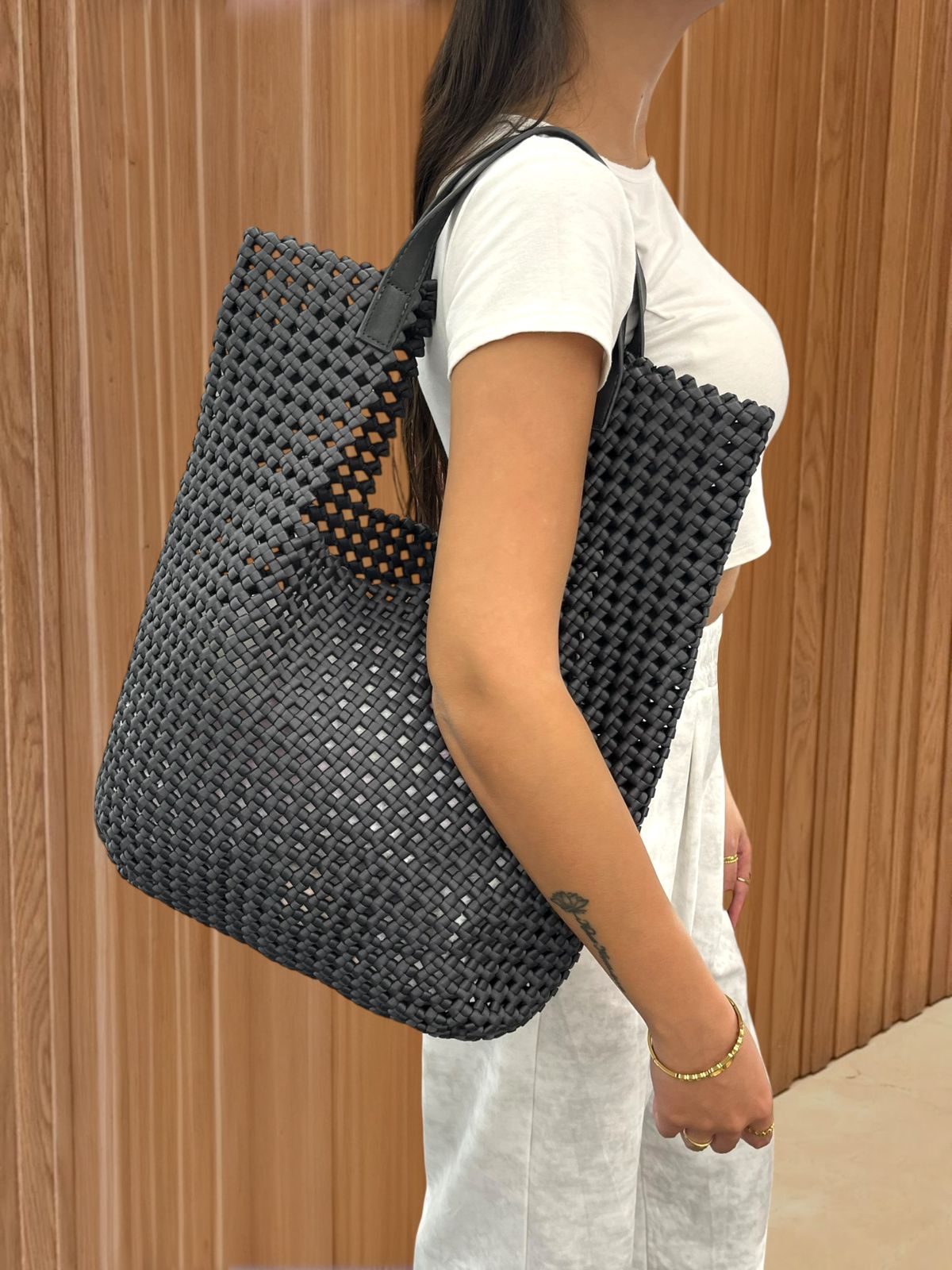 Black Woven Tote Bag Set with Inner Pouch