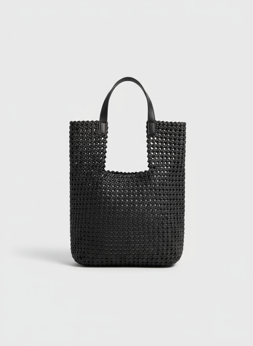 Black Woven Tote Bag Set with Inner Pouch