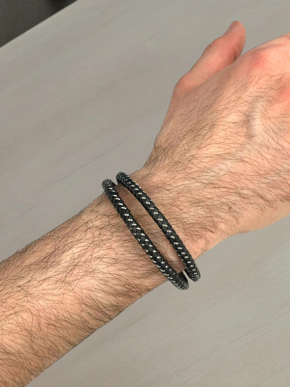 Black and Silver Braided Leather Bracelet