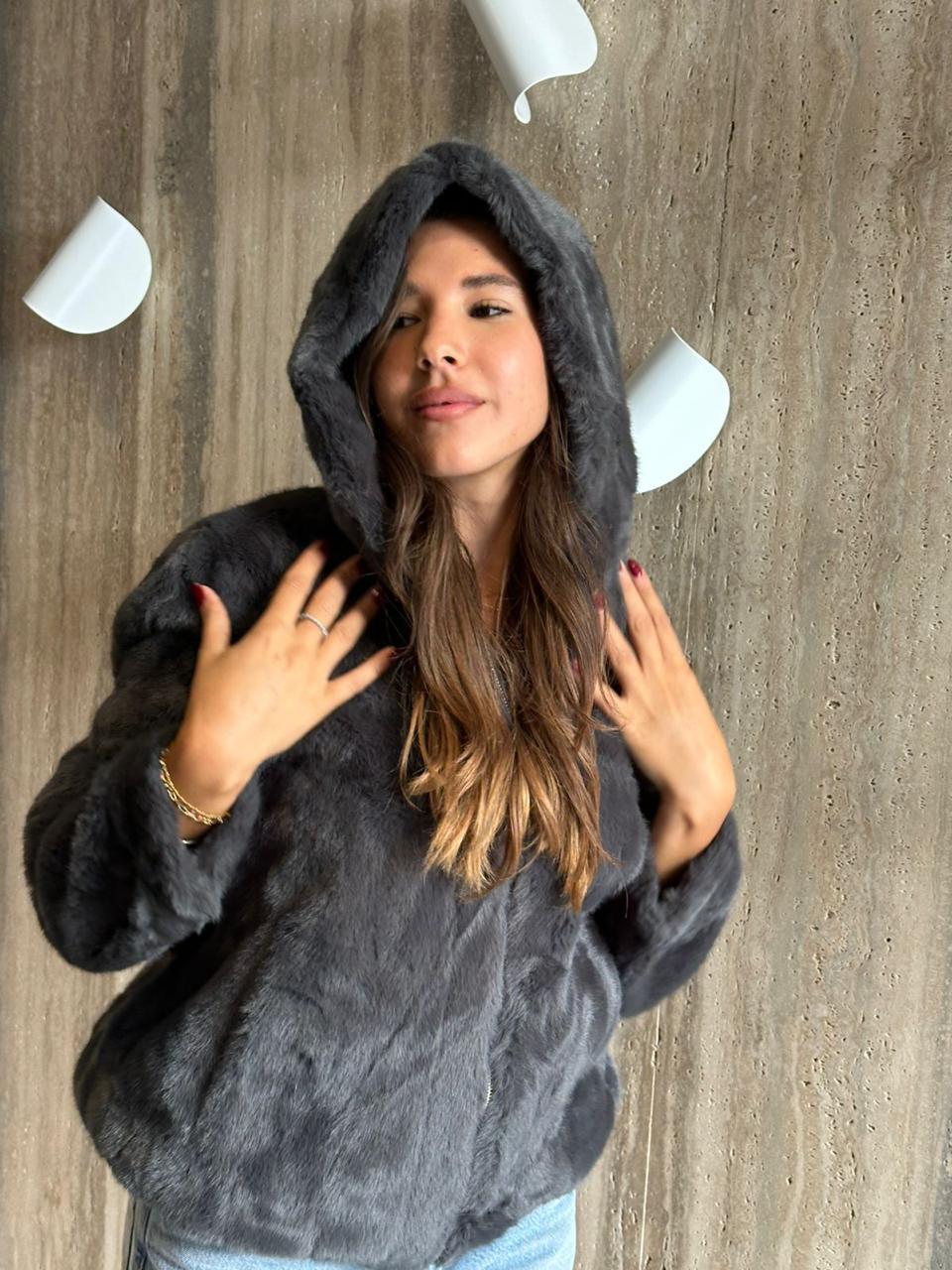 Grey fur jacket with cap