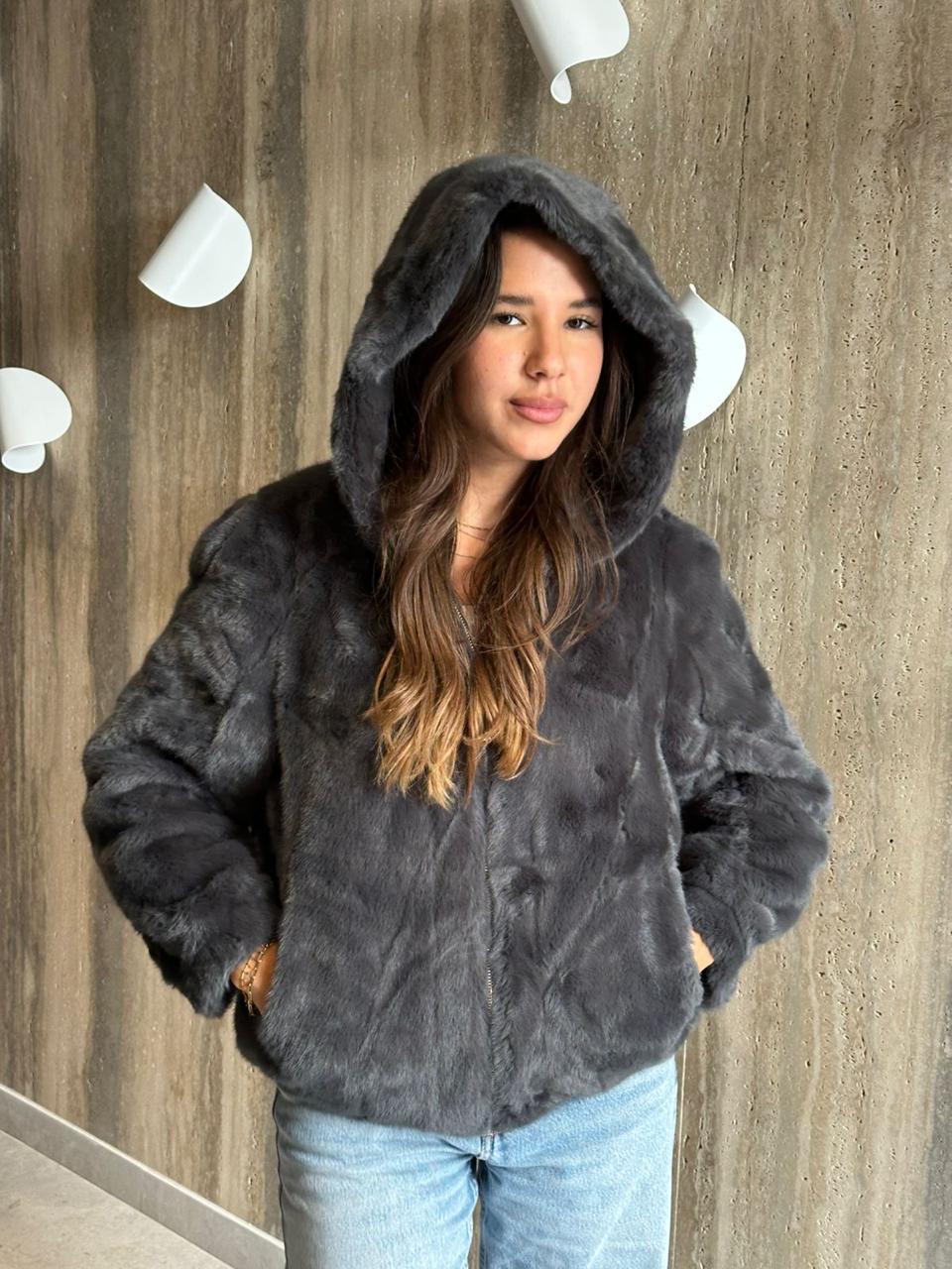 Grey fur jacket with cap