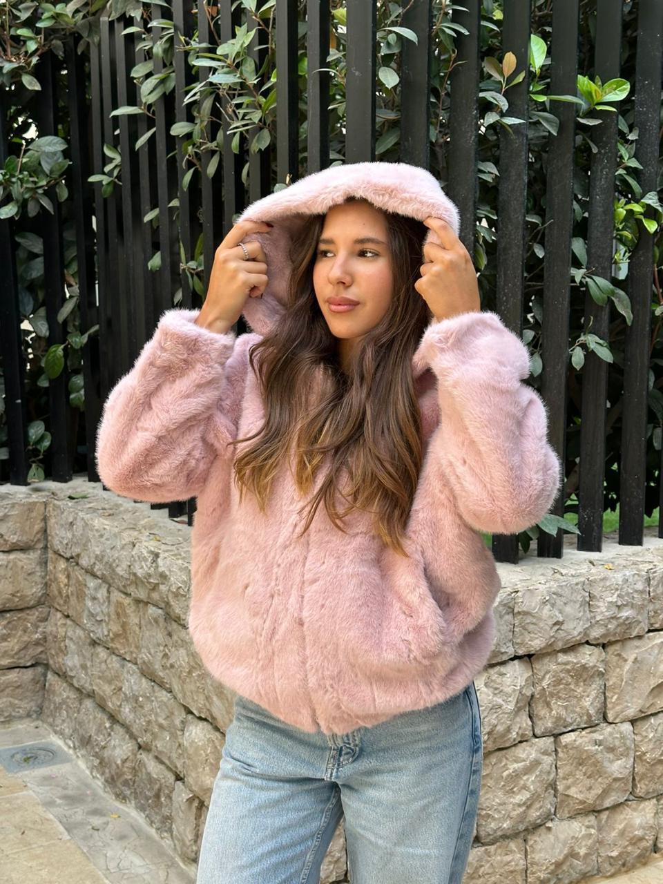 Pink fur jacket with cap