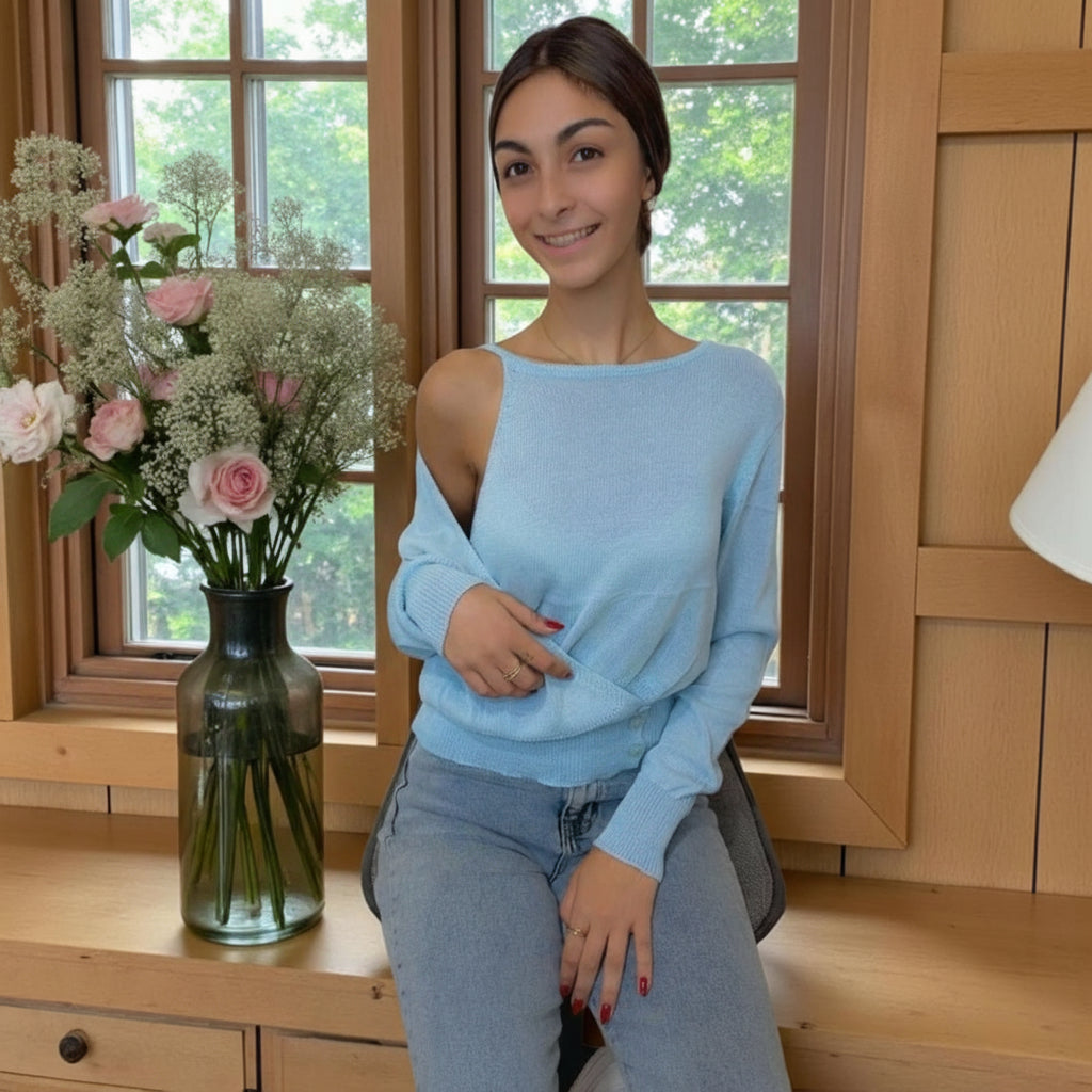 Blue Cut-Out Shoulder Knit Top