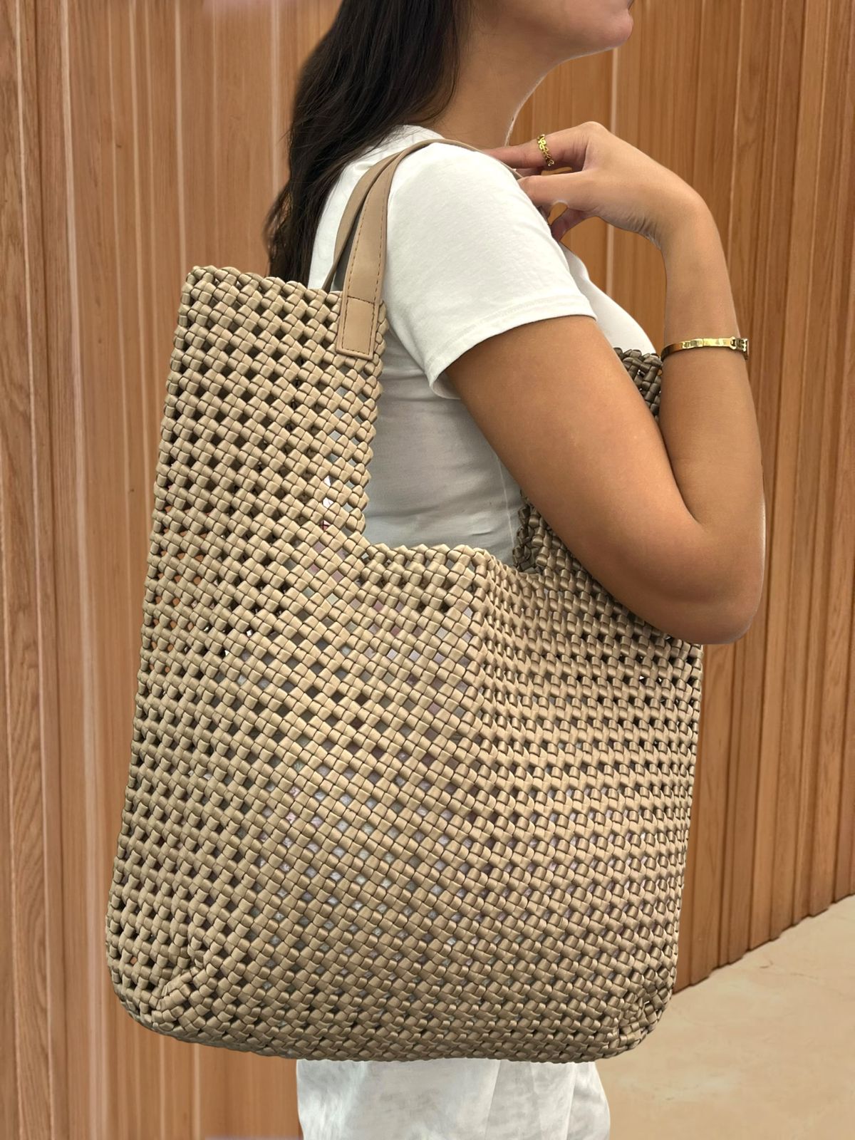 Beige Woven Tote Bag Set with Inner Pouch
