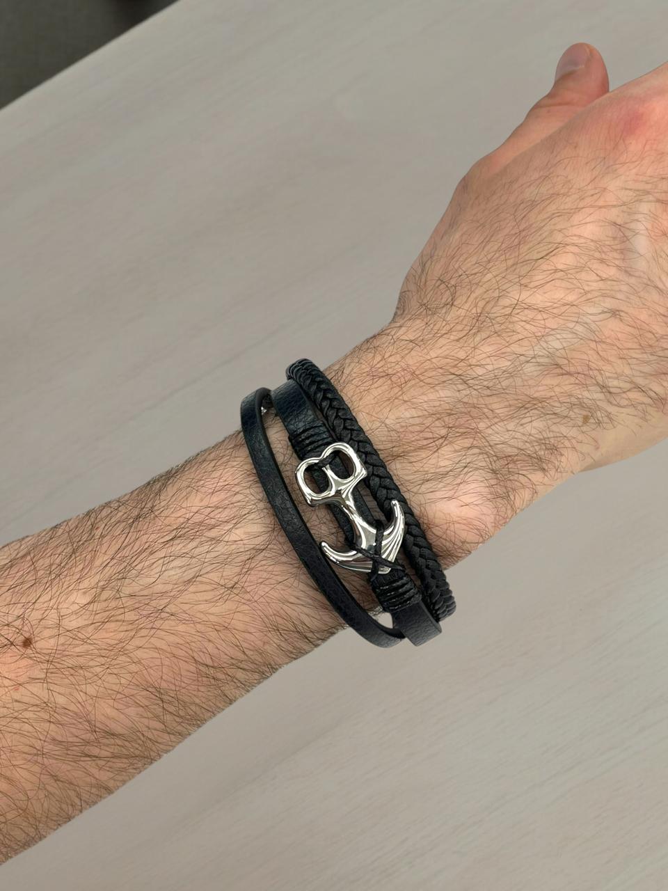 Black Leather Anchor Bracelet