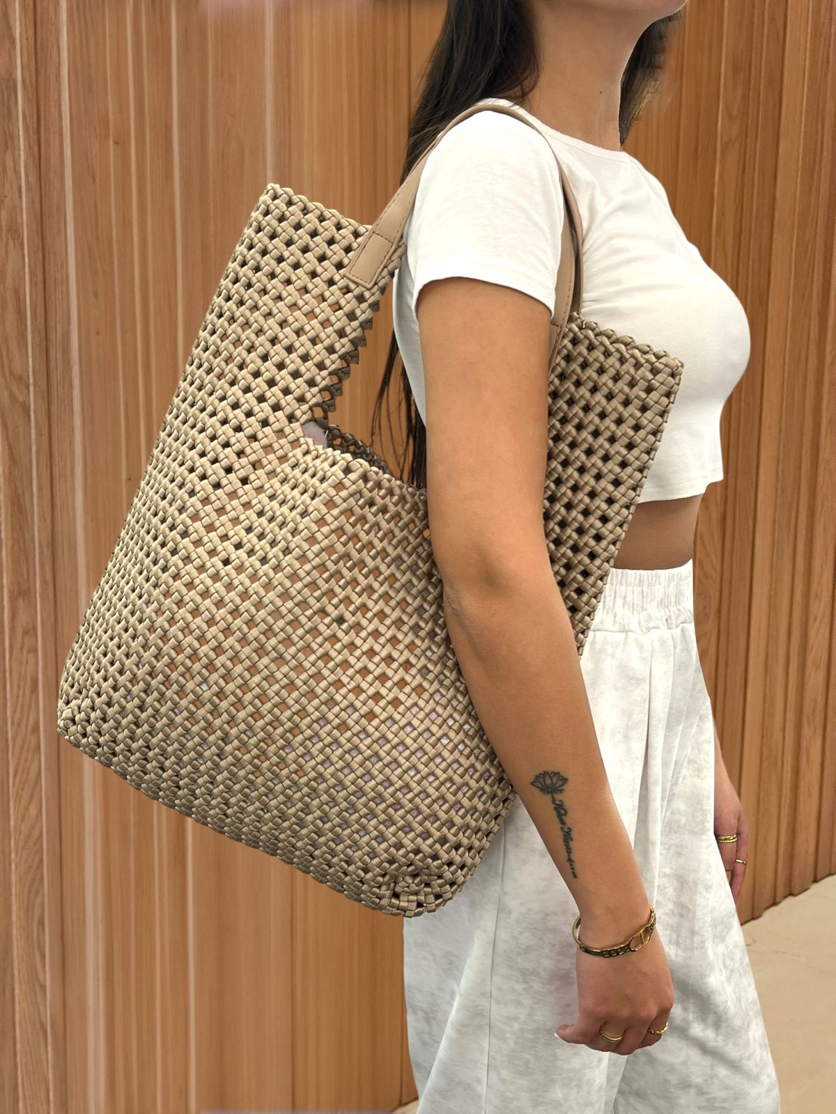 Beige Woven Tote Bag Set with Inner Pouch