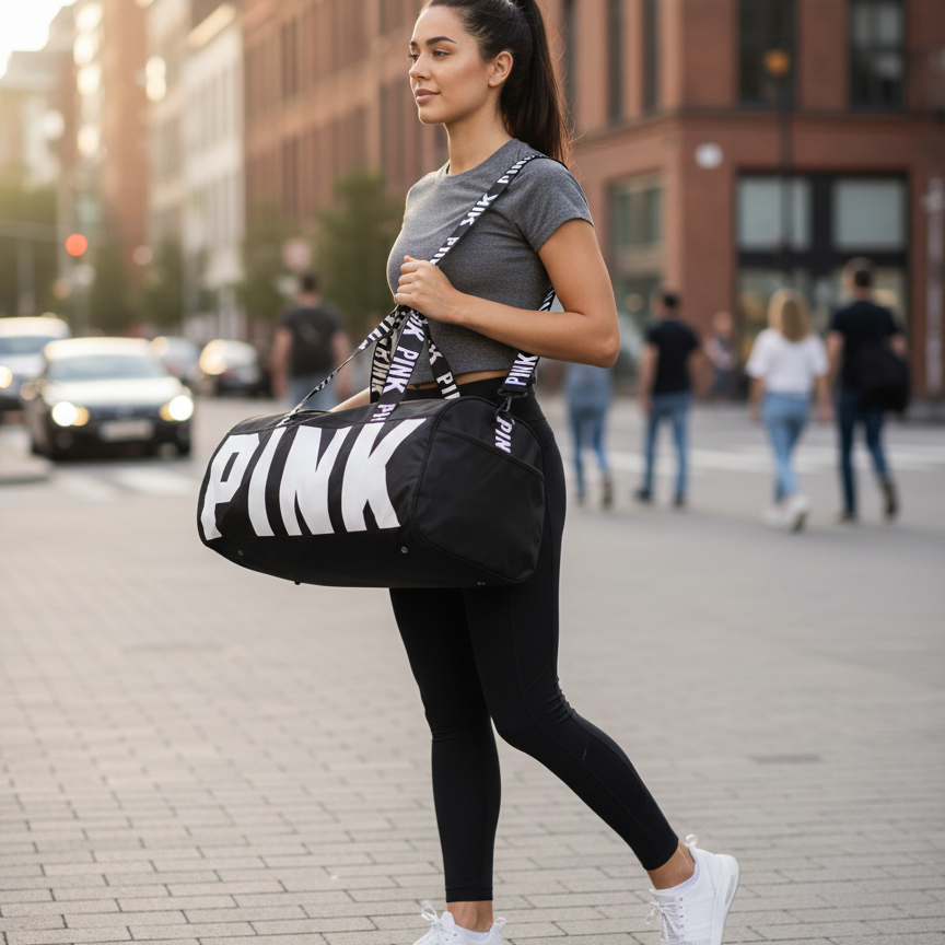 Woman walking on a city street holding a black 'PINK' duffel bag.