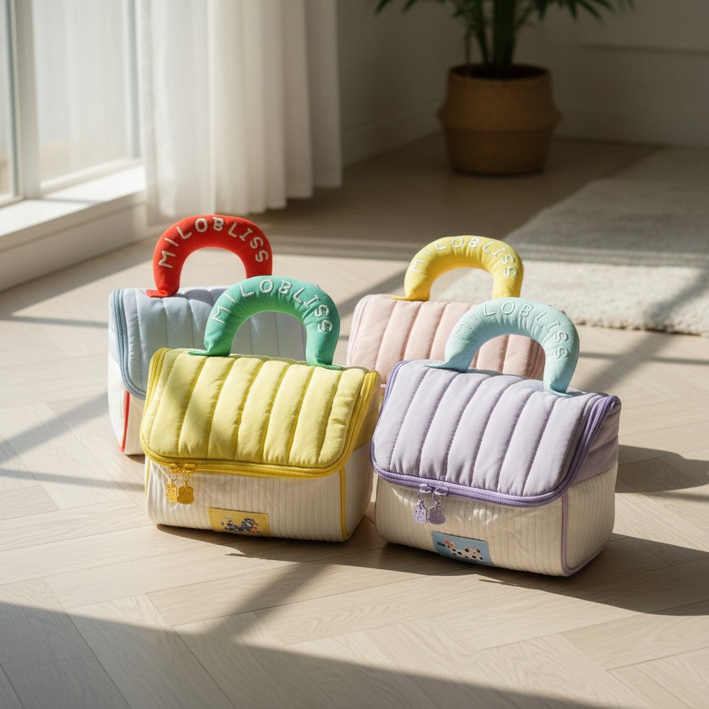 Colorful children's bags with handles on a wooden floor.
