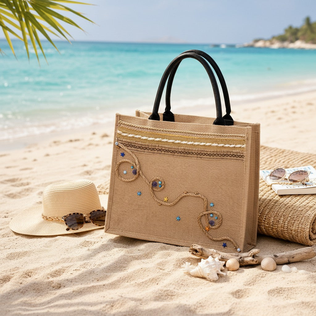 Handmade jute beach bag with golden woven trim and swirling rope design, Jack Gifts Online Lebanon