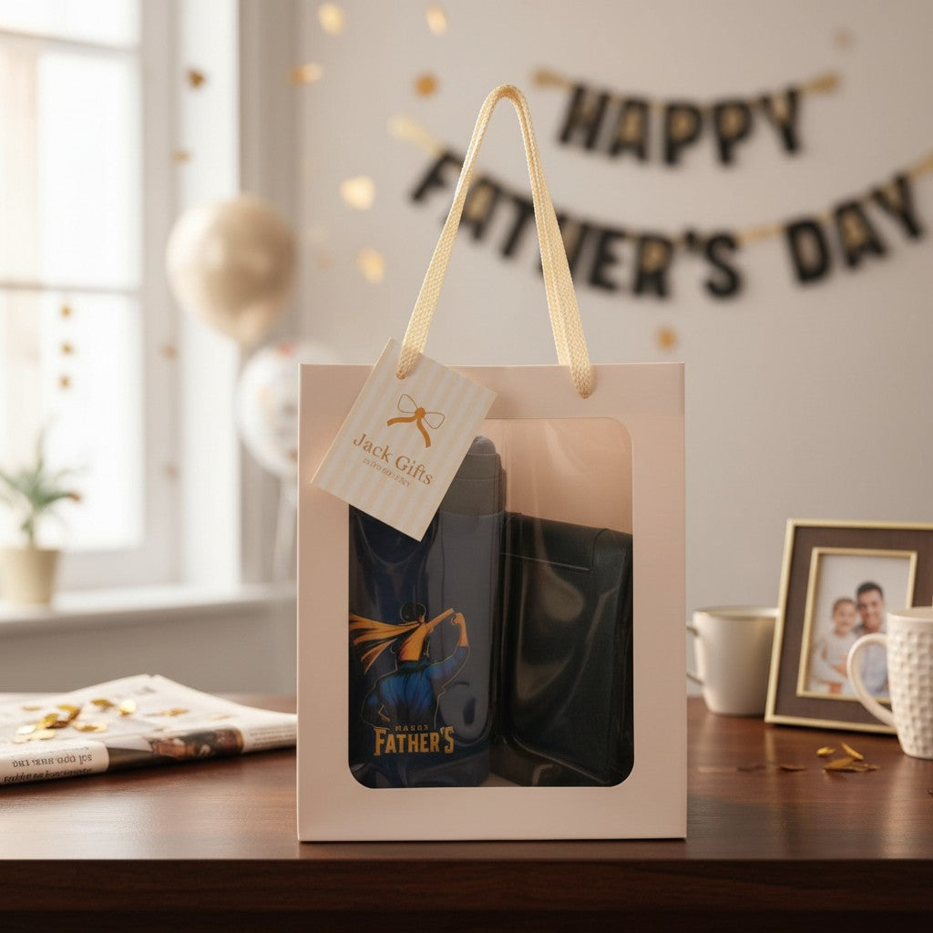 Gift box with Father's Day theme on a table with decorative elements.