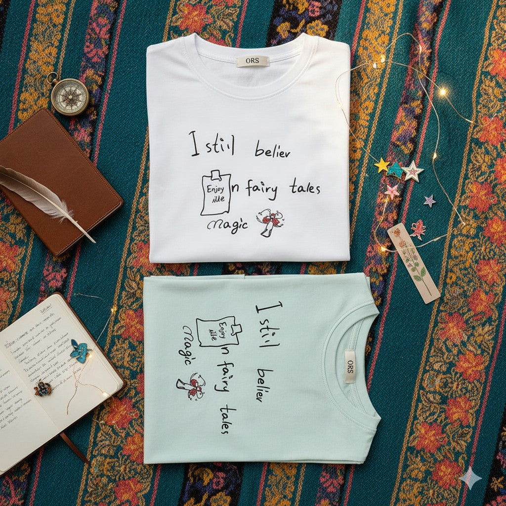 Two shirts with text and graphics on a patterned fabric background