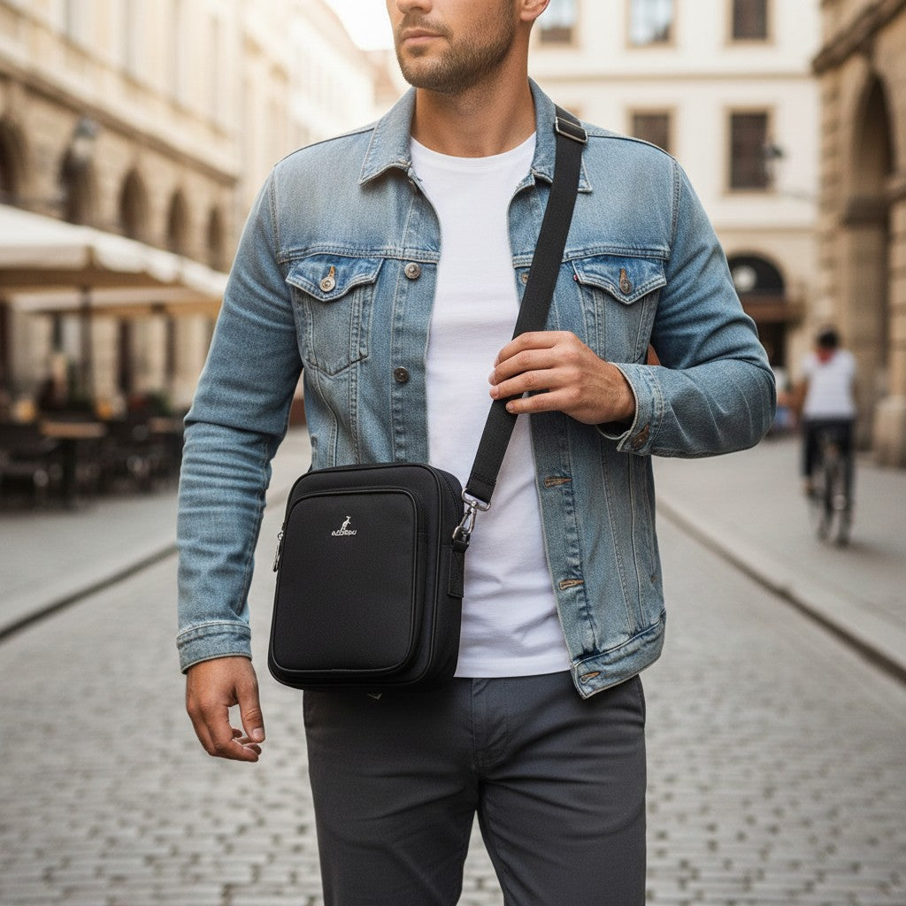 Man wearing a navy crossbody bag in an urban setting