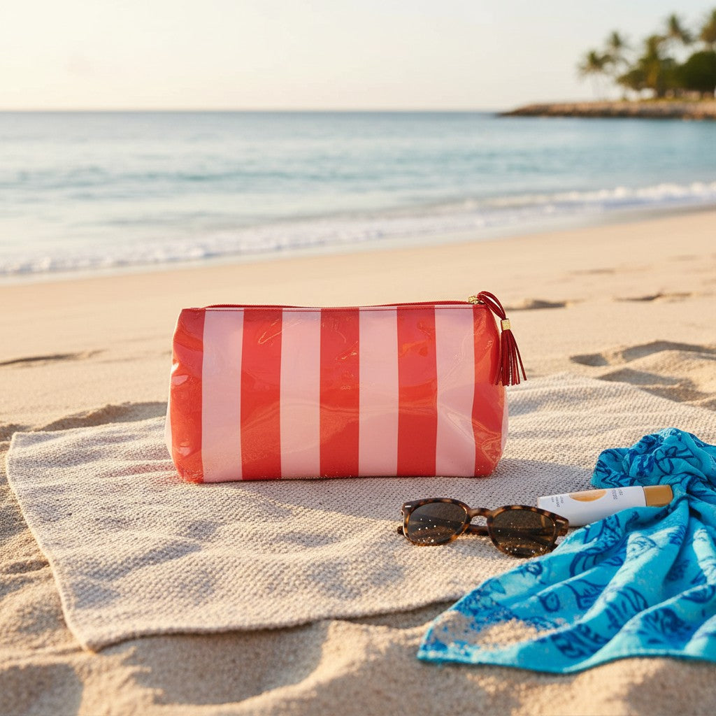 Red and white striped bag, sunglasses, and towel on a sandy beach with ocean view