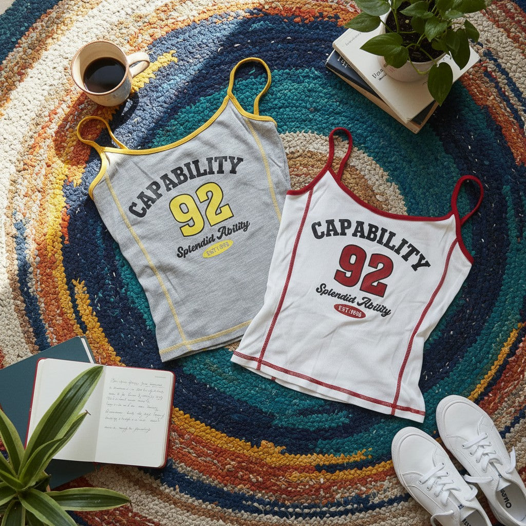 Two tank tops with 'CAPABILITY 92' text on a colorful rug with books and a cup.