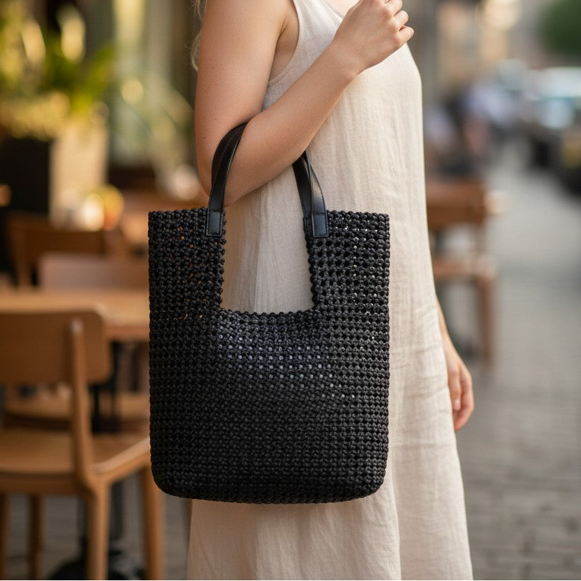 Black Woven Tote Bag Set with Inner Pouch