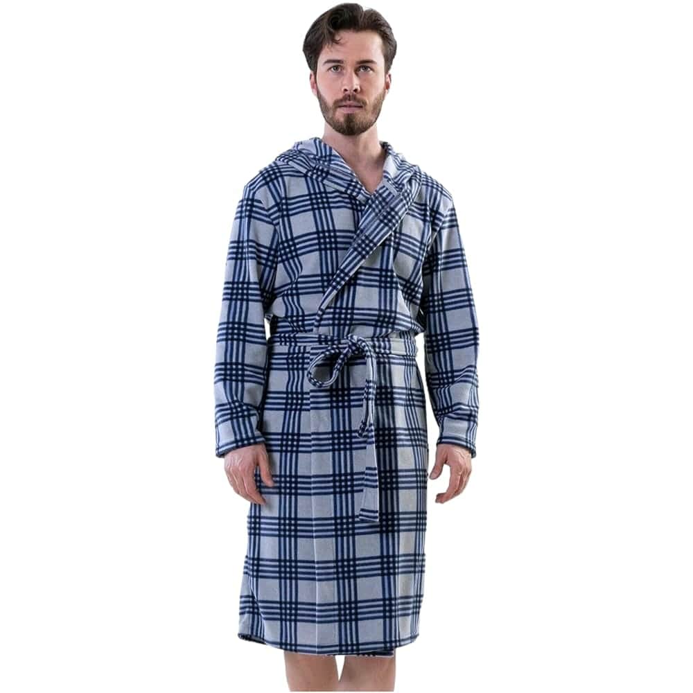 Front view of the blue checkered fleece robe with the hood resting on the shoulders