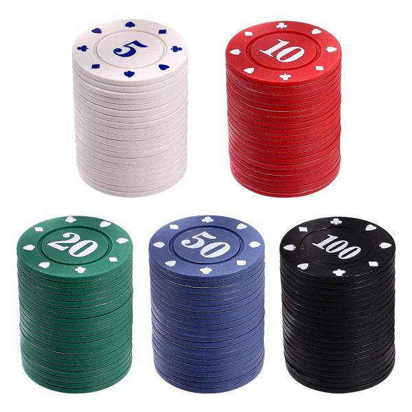 Five stacks of chips marked 5, 10, 20, 50 and 100 laid out in two rows