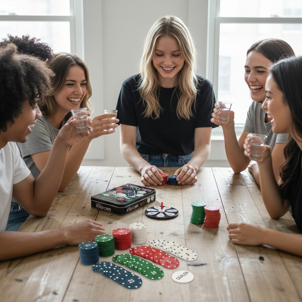 Friends around a table with the chip tin, rows of poker chips and a dealer button