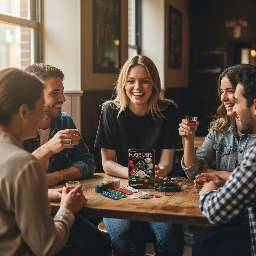 Group of friends playing poker at a table in a bar