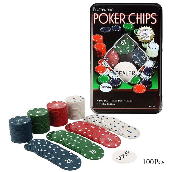Poker chip tin with 100 dual toned chips fanned out and a cream dealer button